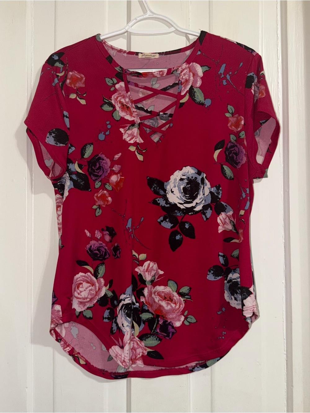 Women's 2X shirt Floral Short Sleeve Top -‎ Raspberry Pink
